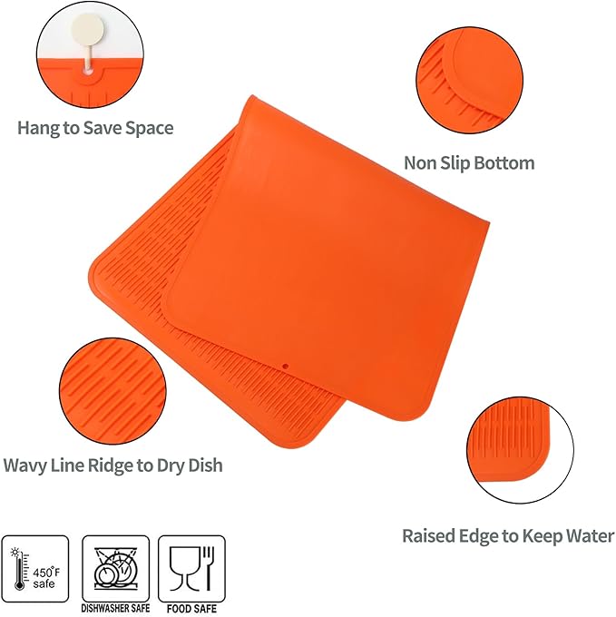 Silicone Dish Drying Mat for Multiple Usage,Easy clean,Eco-friendly,Heat-resistant Silicone Mat for Kitchen Counter or Sink,Refrigerator or Drawer Liner Orange 5XL 36inches x 18inches - Bloomnest