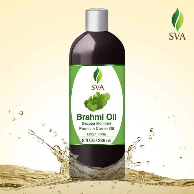 SVA Brahmi Oil - 8 Fl Oz – 100% Natural Cold Pressed Brahmi Oil - for Face, Skin Care, Hair Care, Scalp Massage & Body Massage – Carrier Oil with Pump - Bloomnest