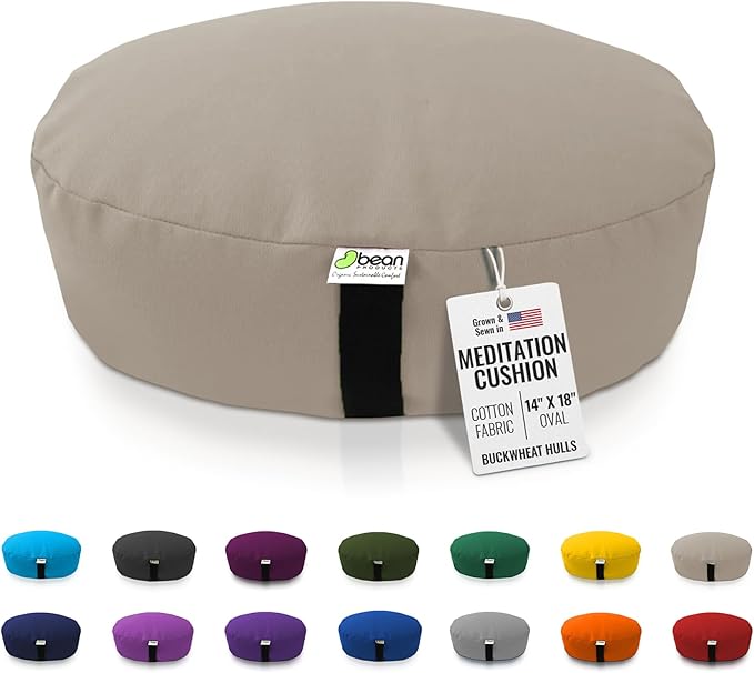BEAN PRODUCTS Zafu Meditation Pillows for Sitting on Floor, Yoga Cushion, Cotton/Buckwheat fill Yoga Pillow, Zafu Meditation Cushion, Zen Kneeling Prayer Pad- MADE IN USA - 14"x18" Oval - NATURAL
