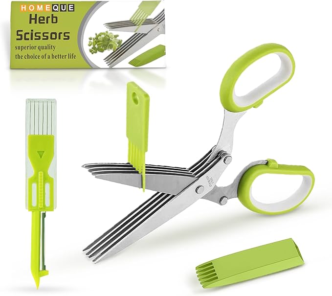 5-Blade Stainless Steel Herb Scissors Set with Vegetable Peeler, Shredder & Cleaning Comb – Multi-Use Herb Stripper for Chopping, Slicing, Shredding Kale and Fresh Herbs - Bloomnest