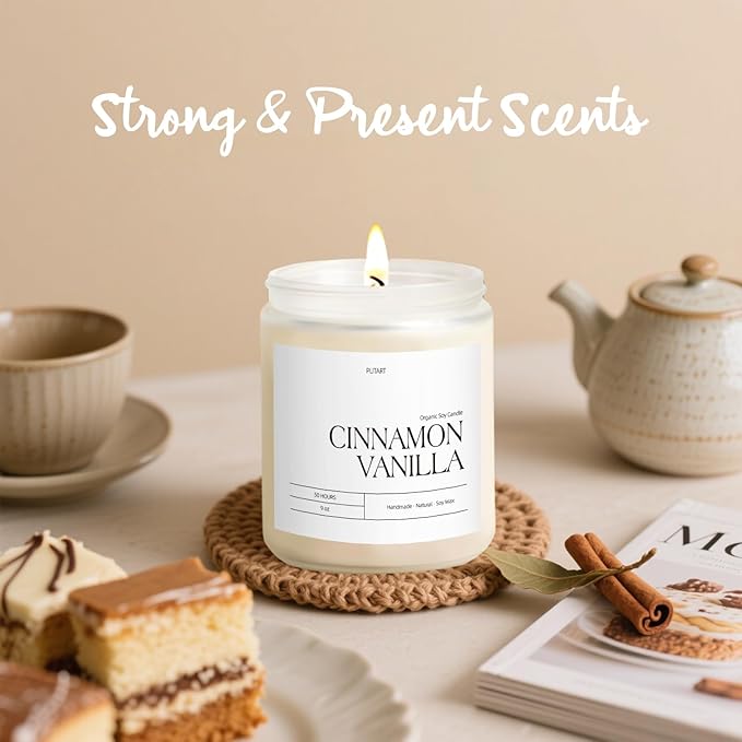 Cinnamon Vanilla Candles for Home Scented, Natural Soy Wax Aromatherapy Non Toxic Heavy Scented Candle with Essential Oil, Home Fragrance Stress Relief Jar Candles Gifts for Women & Men 9oz - Bloomnest