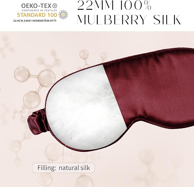 100% 22 Momme Mulberry Silk Sleep Mask, Eye Cover for Sleeping, Blackout 3D Sleep Masks for Lash Extensions with Adjustable Strap for Men and Women (Burgundy) - Bloomnest