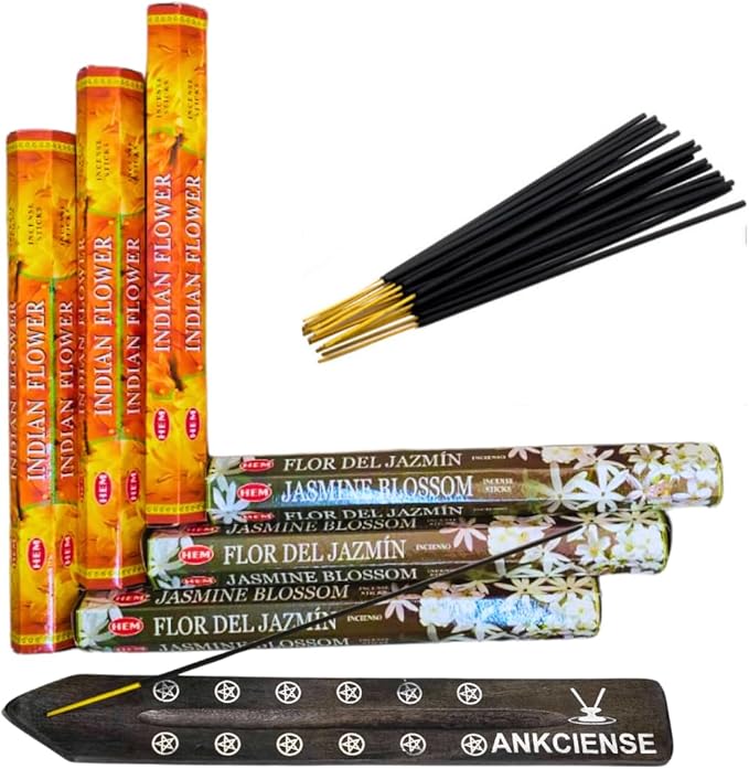 Sandalwood & Vanilla Incense from Hem Bundled with ANKCIENSE Incense Holder Bundle, Variety Pack of 120 Sticks (Indian Flower & J Blossom) ANKCIENSE