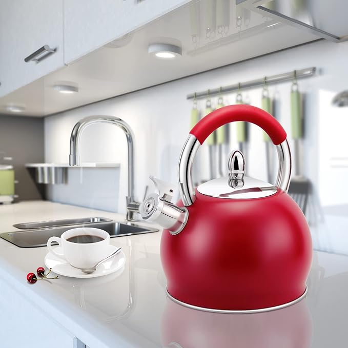 Whistling Tea Kettle for Stove Top Stainless Steel Tea Pot with Ergonomic Silicone Handle Teapot for Stovetop 3.2 Quart / 3 Liter Red - Bloomnest