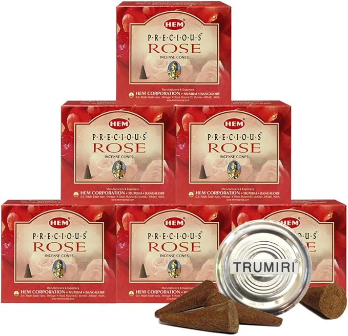 TRUMIRI Incense Cone Holder Bundle with Hem Precious Rose Incense Cones - Pack of 6 (Approx 60 Cones) TRUMIRI