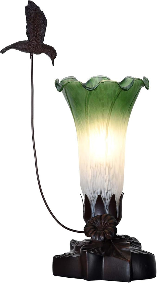 Bieye LL05 Hummingbird Flying Over Lily Flower Blown Glass Table Lamp for Home Decor (White Green, 4.25Wx12H)