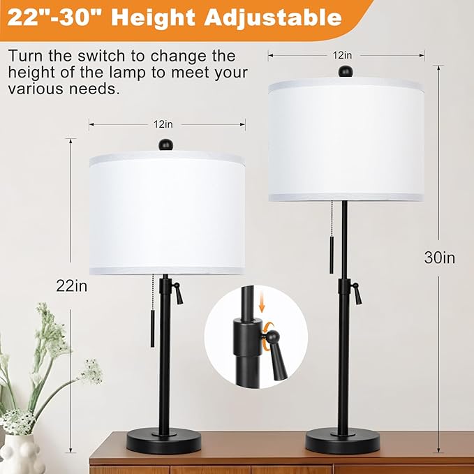 Black Table Lamps for Bedrooms Set of 2: 22" to 30" Height Adjustable Nightstand Lamps with White Linen Shade | Pull Chain Switch | Metal Base 丨3 Color Temperatures Included Beside Lamp (Black) - Bloomnest