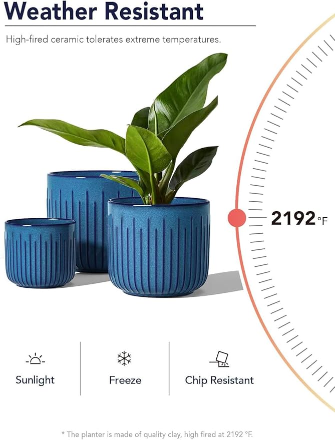 LE TAUCI Fluted Ceramic Planters Set of 3 – 8.3/7 / 5.7 in Ocean Blue Reactive Cylinder Indoor Plant Pots with Drainage Plug & Mesh, Glossy Stoneware Flower Pots for Succulents Herbs - Bloomnest
