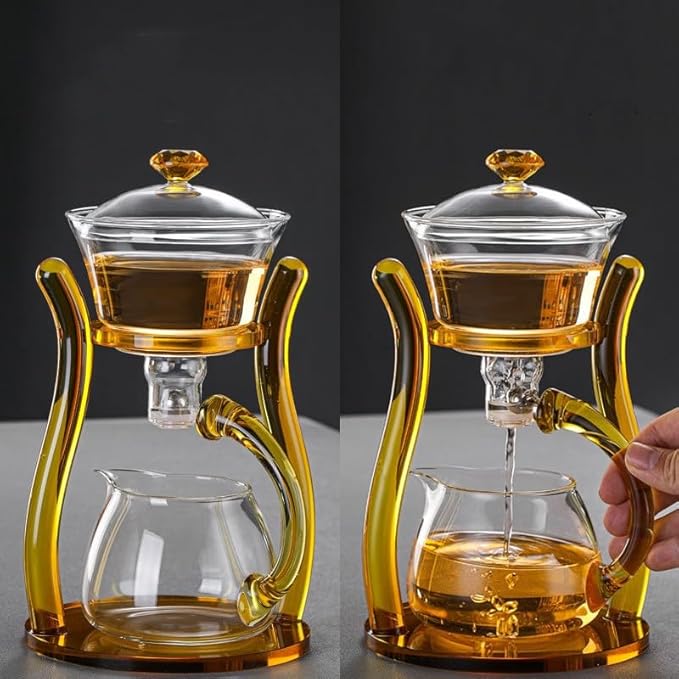 Mozeo Lazy Kungfu Teapot Glass Semi-automatic Tea Maker Suction Automatic Water Brewing Teapot Office Flower Glass Tea Set (Yellow with cups)
