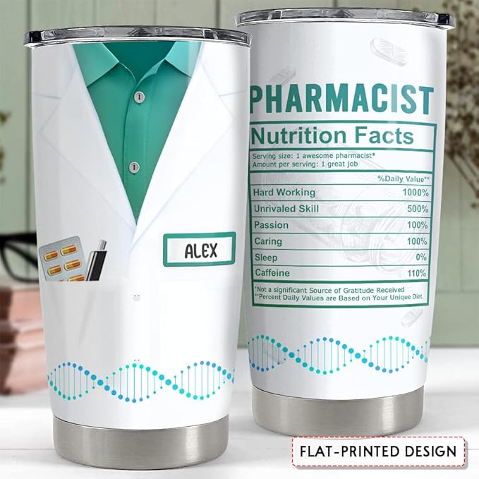 SANDJEST Personalized Tumbler for Pharmacist Nutrition Facts with Customize Name 20oz 30oz Tumbler with Lid Gift for Pharmacist Coworker Women Men - Bloomnest