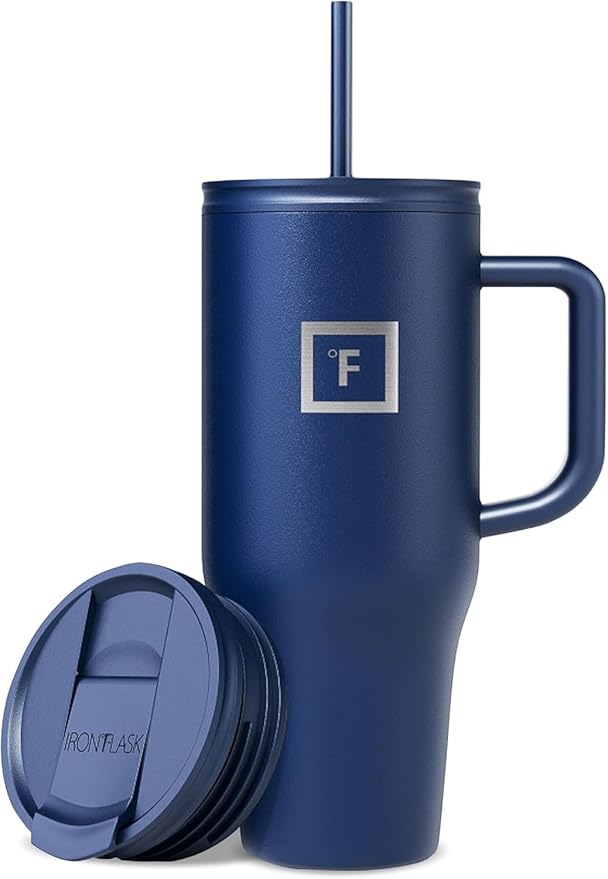 IRON °FLASK Co-Pilot Insulated Mug w/Straw & Flip Cap Lids - Cup Holder Bottle for Hot, Cold Drink - Leak-Proof - Water, Coffee Portable Travel Mug - Twilight Blue, 32 Oz - Bloomnest