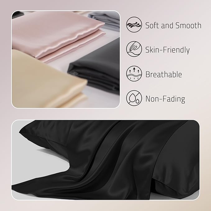 Mulberry Silk Pillowcase for Hair and Skin Prevent Acne Pillow Cases Both Sides Real Silk Pillowcases Organic Silk Pillowcase with Hidden Zipper, Black, King (20"×36") - Bloomnest