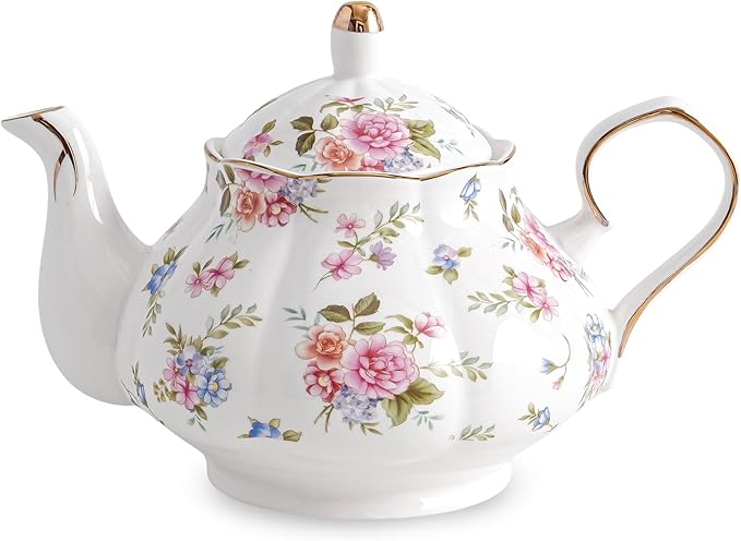 Flower Ceramic Teapot,22oz Porcelain Tea pot for Tea Coffee Milk for Office Home Men Women as Gift(White and small flowers) - Bloomnest