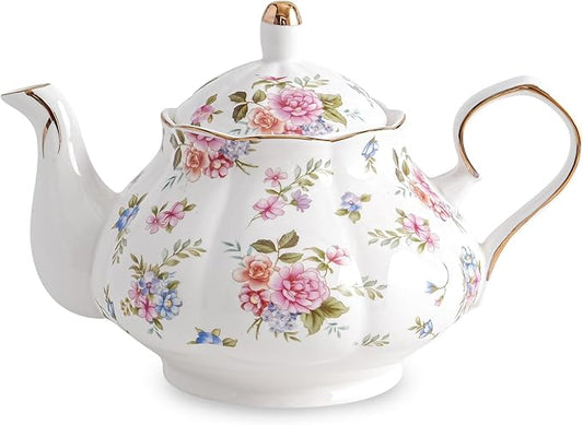 Flower Ceramic Teapot,22oz Porcelain Tea pot for Tea Coffee Milk for Office Home Men Women as Gift(White and small flowers)