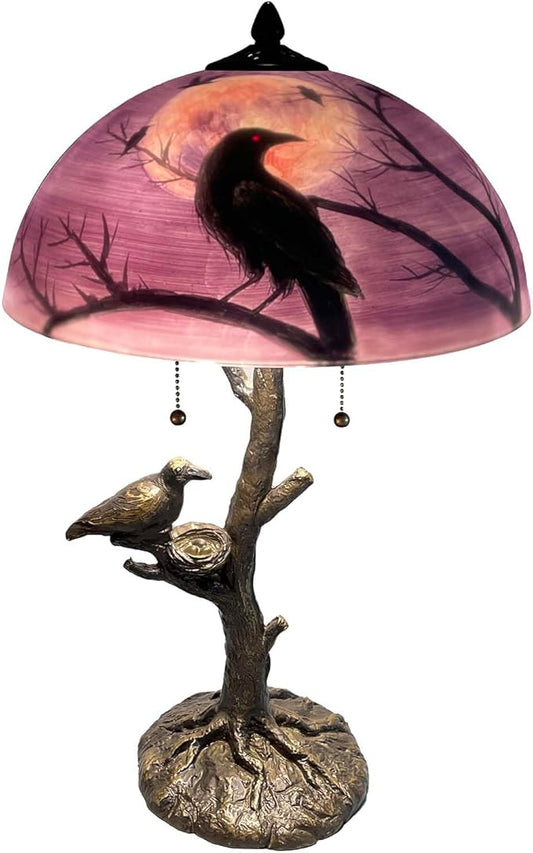 Bieye L13002 Ravens Sitting on Bare Tree Branch Against Full Moon Hand-Painted Glass Table Lamp with Raven Nest Lamp Base for Halloween Home Decor (Reddish Purple, 14" D x 14" W x 22" H)