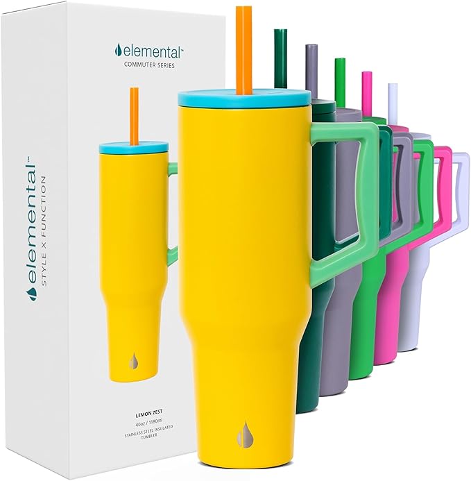 Elemental 40 oz Tumbler with Handle and Straw - Spill Proof Insulated Stainless Steel Commuter for Hot and Cold Beverages - Travel Coffee Mug with 2 Straws & Spill Proof Lid - 40oz - Lemon Zest - Bloomnest