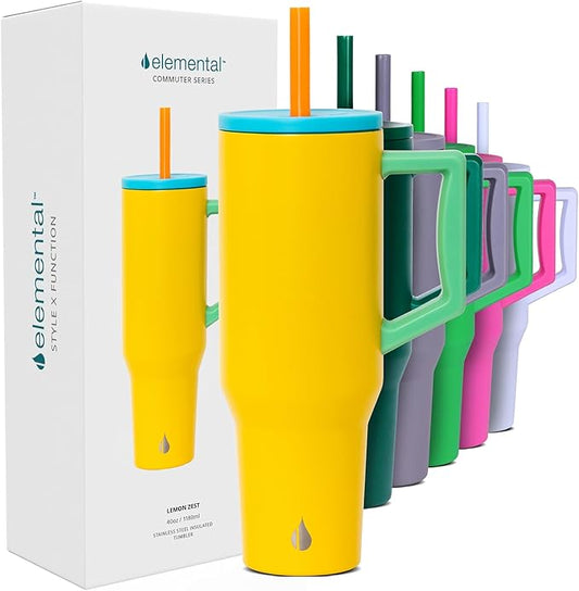 Elemental 40 oz Tumbler with Handle and Straw - Spill Proof Insulated Stainless Steel Commuter for Hot and Cold Beverages - Travel Coffee Mug with 2 Straws & Spill Proof Lid - 40oz - Lemon Zest - Bloomnest