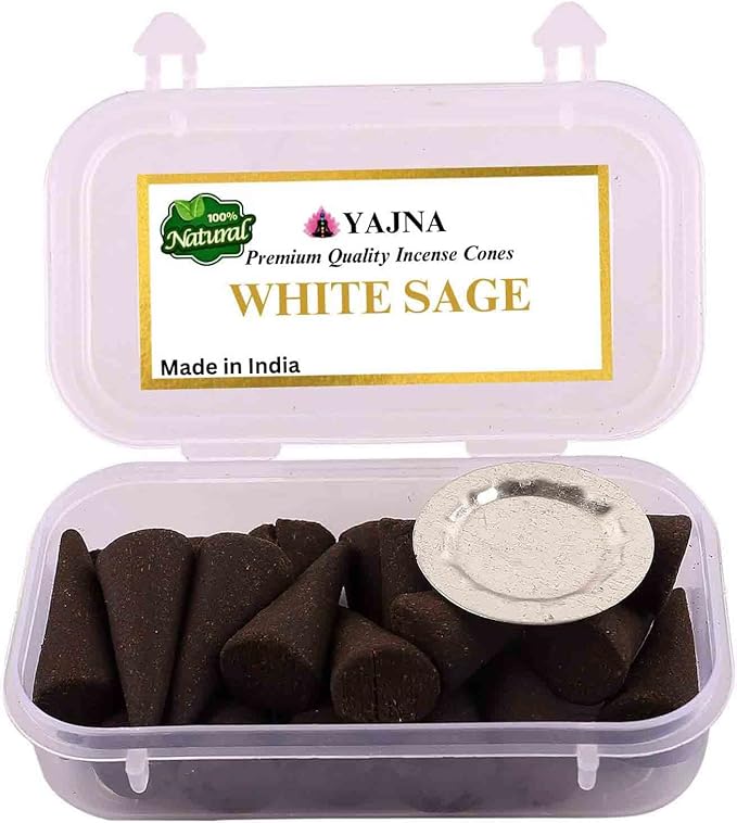 Yajna White Sage 100%-Natural-Incense-Cones Handmade-Hand-Dipped Organic-Chemicals-Free for-Purification-Relaxation-Positivity-Yoga-Meditation The-Best-scents (20 Count) Yajna