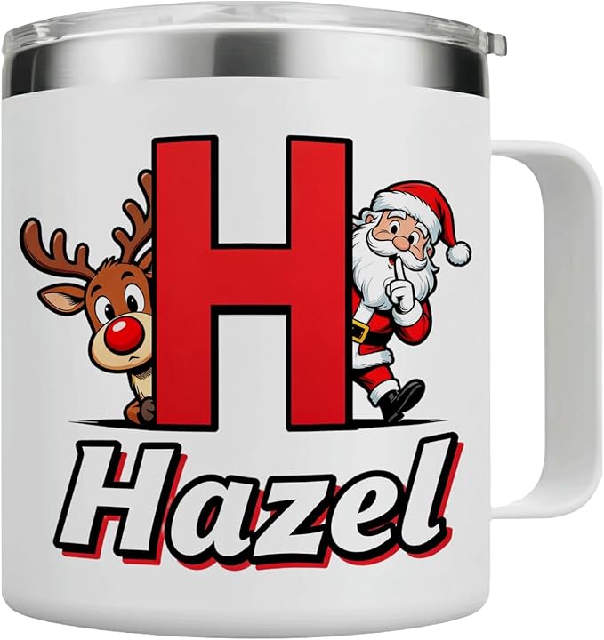 Personalized Christmas Mug with Name Initial - Cute Peekaboo Santa & Reindeer 12oz Insulated Stainless Steel Coffee Cup Tumbler with Handle & Lid - Fun Holiday Xmas Gifts for Kids, Girls (B170) - Bloomnest