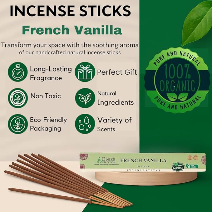 Bless-French-Vanilla 100%-Natural-Handmade-Hand-Dipped-Incense-Sticks Organic-Chemicals-Charcoal-Free Purification-Relaxation-Positivity-Yoga-Meditation Best-Woods-Scent (100 Sticks(5.25 OZ)) BlessInternational