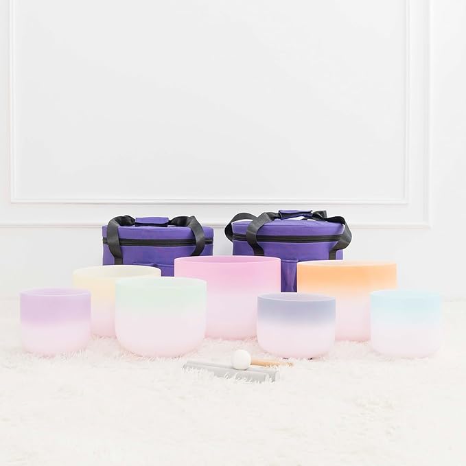 Hye-eun 432 hz Crystal Singing Bowl 7-12 Inch Set of 7 PCS Rainbow Gradient Frosted Quartz Crystal Chakra Singing Bowls with Carry Case Bag for Sound Healing and Therapy Meditation - Bloomnest