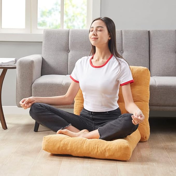 Degrees of Comfort Meditation Floor Pillow Set of 2, Square Large Pillows Seating for Adults, Tufted Corduroy Cushions for Balcony Outdoor Tatami Living Room, Orange Yellow, 22x22 - Bloomnest