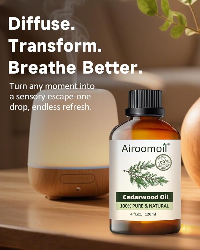 Pure Cedarwood Essential Oil 4 fl oz (120ml), 100% Natural, Warm Woody Aroma Not Sweet or Floral, Large Size for Diffusers, DIY Candles, Soap,s Sprays, Aromatherapy Home Airoomoil