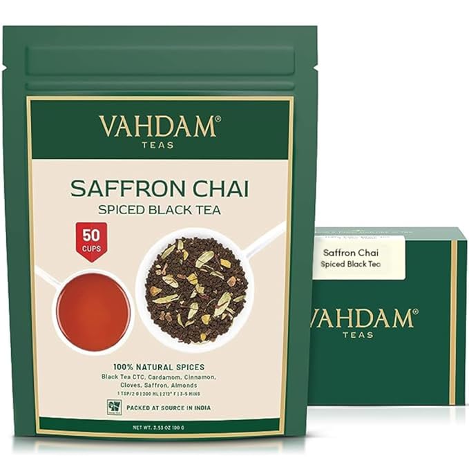 VAHDAM Saffron Spiced Chai (Loose Leaf, 50 Cups, 100g) | Black Tea with Cardamom, Cinnamon, Clove, Almond & Saffron | Enjoy Hot, Iced, or as a Chai Latte - Bloomnest