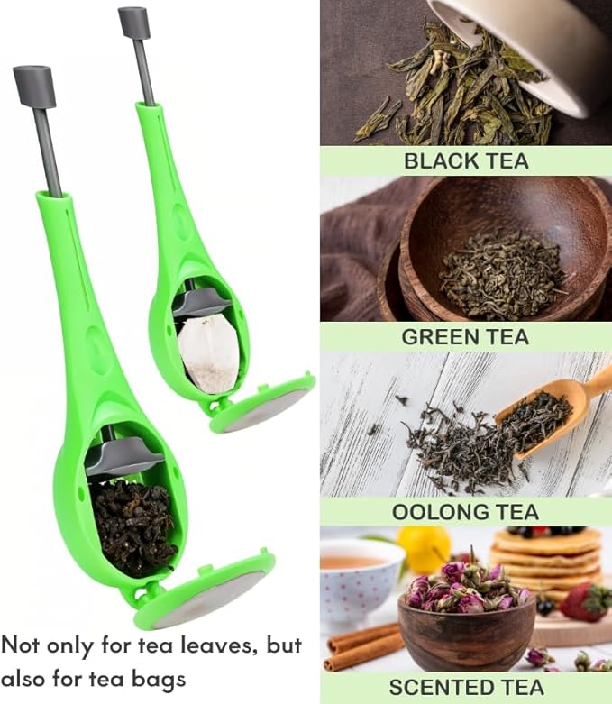 Long-Handled Tea Infuser & Coffee Filter Fine Mesh with Built-in Plunger Reusable Two Sides Strainers for Loose Tea/Coffee/Tea Bag/Herbal/Spice Portable Teaware Accessories, 2 Pack - Bloomnest