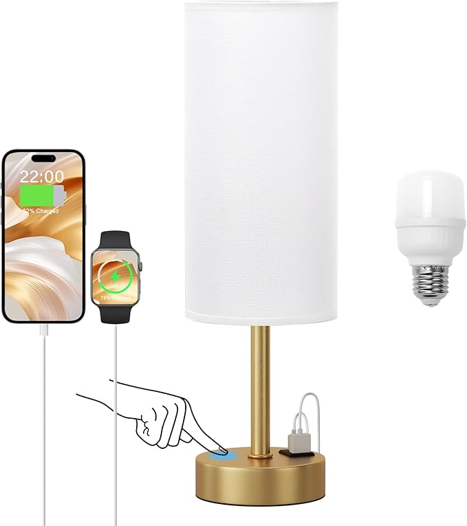Elegant Gold Touch Table Lamp, Modern Wedding Gift for Couples, Bedside Lamps with USB-C USB-A Charging Ports, 3 Way Dimmable Small Lamp for Office, Living Room, Bathroom - Bloomnest