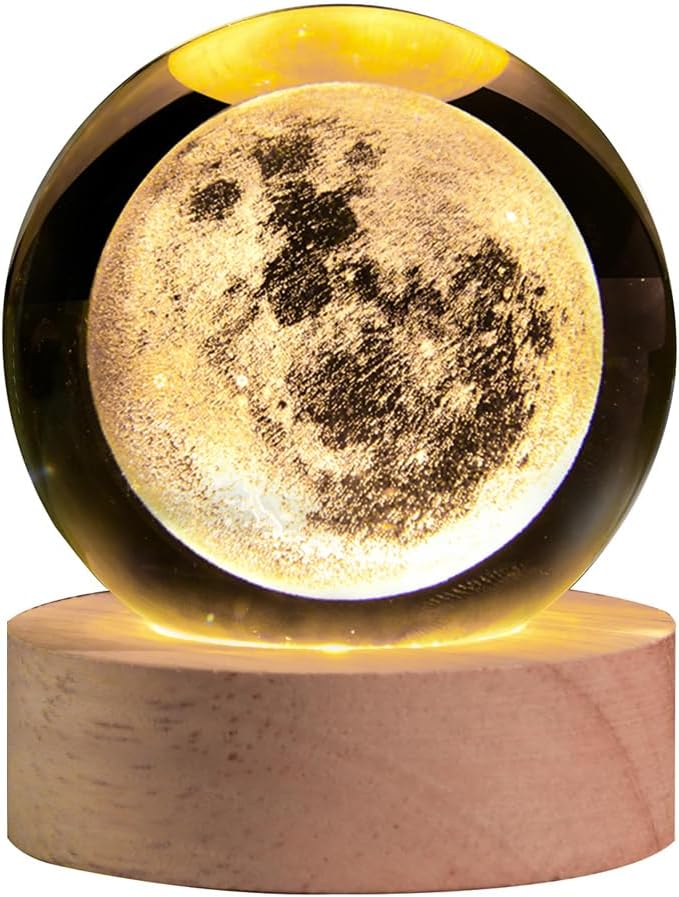 3D Moon Crystal Ball with LED Stand, Moon Figurine Decor Glass Sphere Lamp, Space Planet Globe Night Light Gifts for Women Men Mom Kids - Bloomnest