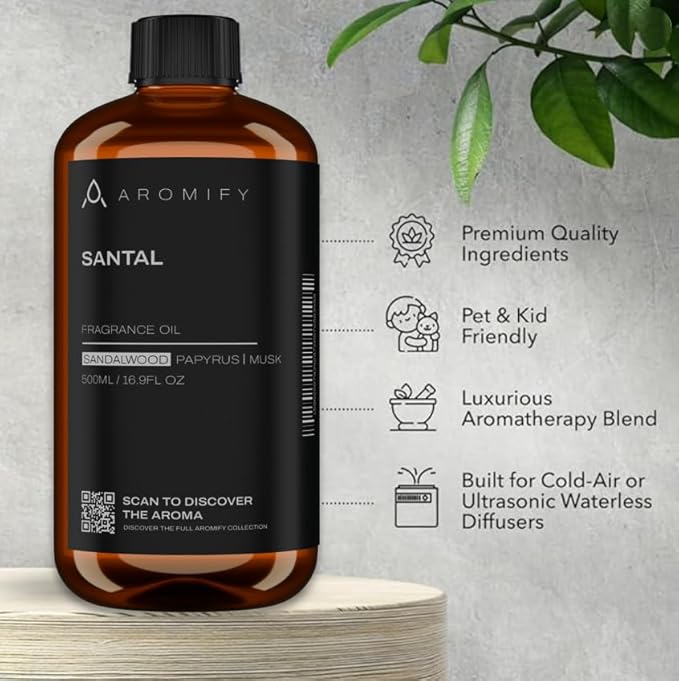Santal Diffuser Oil, 16.9 FL Oz, 500 mL, Diffuser Fragrance Oil for Home, Bathroom & Office, Aromatherapy Blend of Natural Essential Oil, Sandalwood & Musk Scent. - Bloomnest
