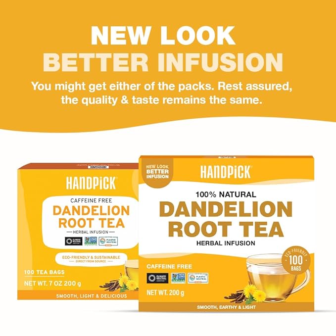 HANDPICK - Dandelion Root Tea bags, 100 Teabags - Natural Dandelion Herbal Tea for Liver & Kidney Health - Non-GMO - Caffeine-free - Support Digestion & Boost Immune System - Bloomnest