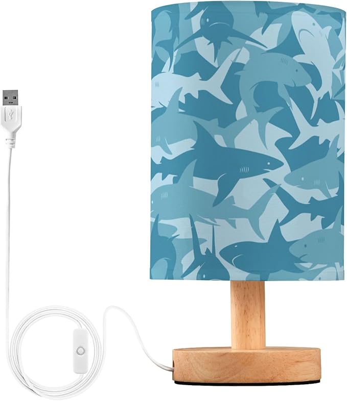 Table Lamp Blue Shark Pattern Marine Animal Nightstand Lamp with Wood Base Fabric Lamp Shade Bedside Desk Lamp for Living Room Bedroom Kids Room Office - Bloomnest