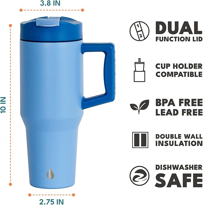 Elemental 32 oz 100% Leak Proof Tumbler with Handle & Straw - Stainless Steel Double Wall Insulated Tumbler for Hot and Cold Beverages - Travel Coffee Mug with Sip & Straw Lid - Ocean Blue - Bloomnest