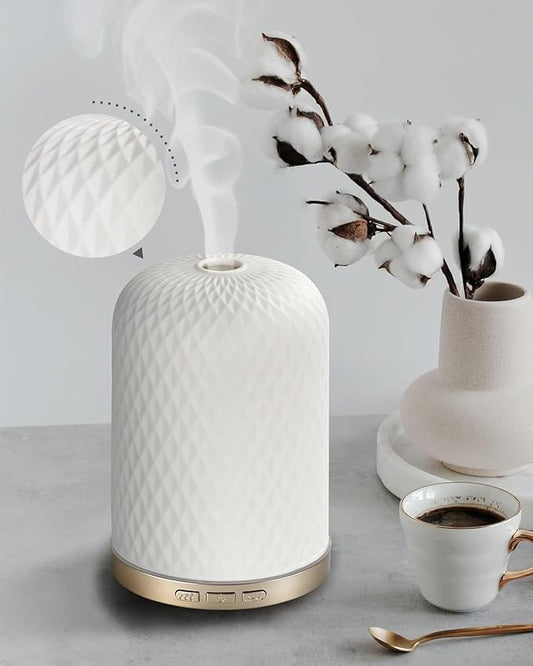 Essential Oil Diffuser,120ML 2.4MHz Ultrasonic Aromatherapy Diffusers for Essential Oils Large Room, Ceramic Diffusers Decorative Aroma Diffuser, Ideal Air Diffusers for Home, Room Decor, Yoga, White - Bloomnest