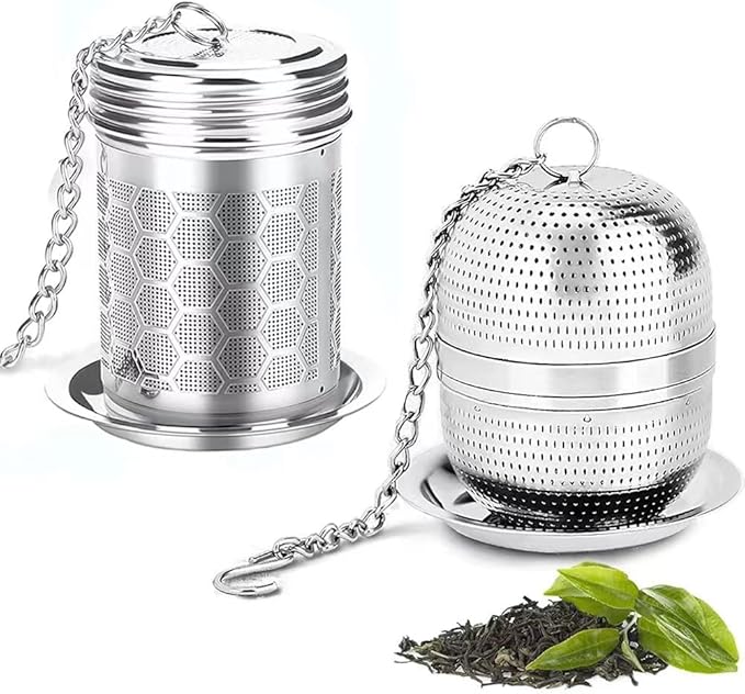 Tea Strainer Tea Infuser for Loose Tea, Tea Steeper 304 Stainless Steel Tea Mesh Strainer with Lid and Drip Tray, 2 Pack Tea Diffuser with Chain Hook, Tea Ball to Brewing Steeping Loose Leaf - Bloomnest