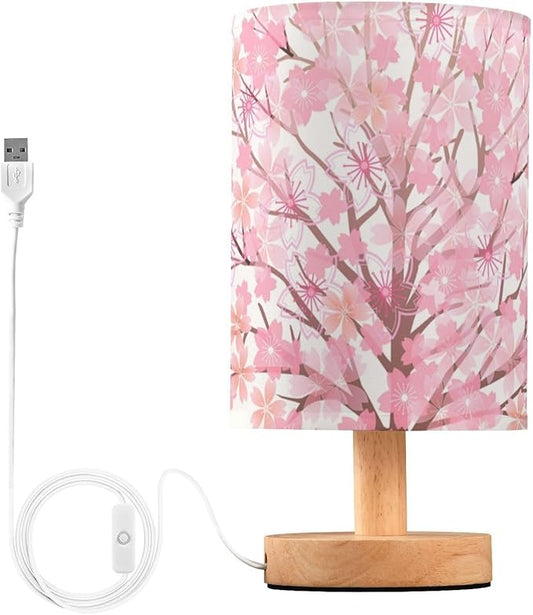 Table Lamp Pink Cherry Blossom Tree Spring Flower Nightstand Lamp with Wood Base Fabric Lamp Shade Bedside Desk Lamp for Living Room Bedroom Kids Room Office - Bloomnest