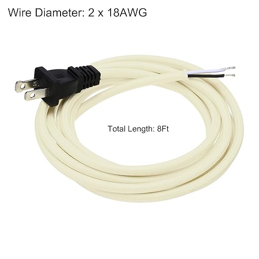 uxcell 8Ft 18/2 Cloth Covered Lamp Cord with Plug, Vintage Electrical Lamp Cord with Stripped Ends for Extension Wiring DIY Repairing, Beige