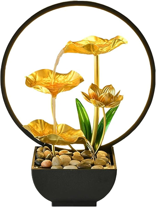 Tabletop Water Fountain with Led Light, Gold Lotus Waterfall Fountain Indoor 11 in USB Powered Flower Waterfall Zen Table Fountains with 1 Replacement Water Pump - Bloomnest