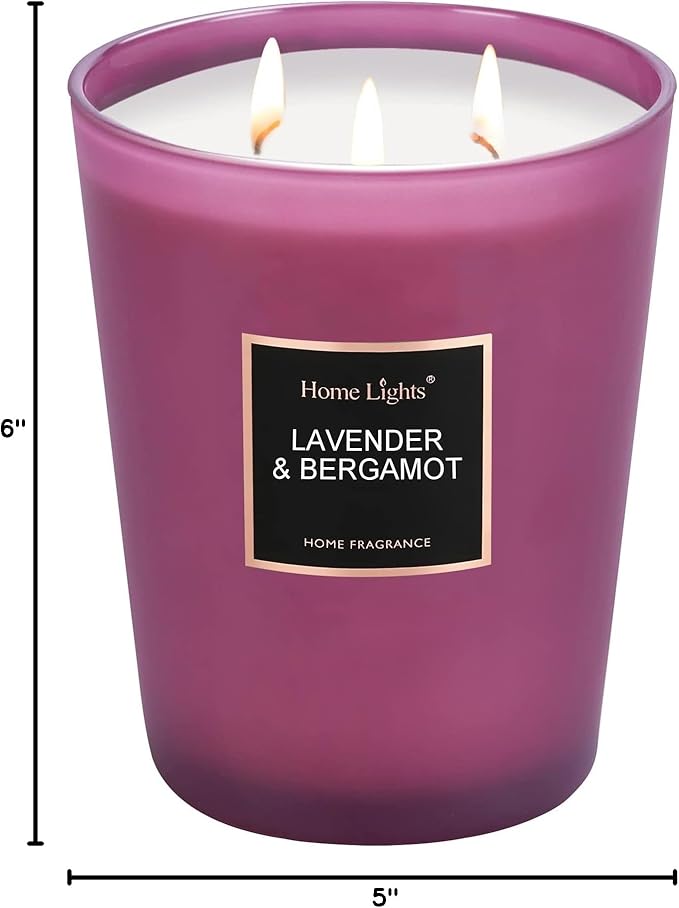 HomeLights Highly Scented Soy Candles Big 33.3 oz for Home. 3 Cotton Wicks, Smokeless Long Lasting 130 hrs in Lavender & Bergamot. 5x6, Great Gift for Women & Men - Bloomnest