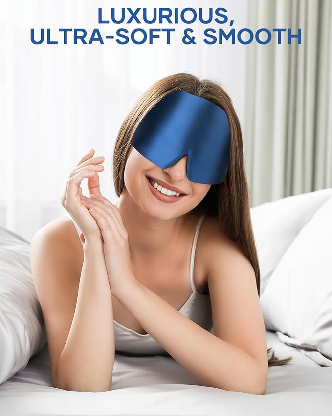 Silk Sleep Mask, Large Size Eye Mask Face Hugging Padded Sleep Blindfold Silk Eye Cover with Adjustable Band for Total Blackout for All Night Sleep (Navy Blue) - Bloomnest