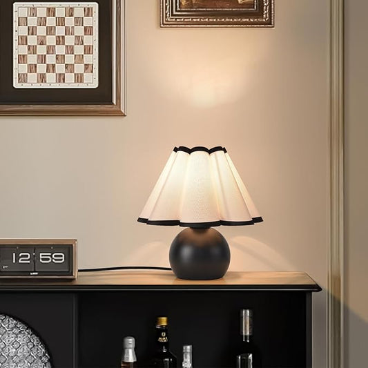 Matte Black Small Bedside Mini Table Lamp for Bedroom, Cute Bedroom Lamps for Nightstand, Cute Mini Table Lamps for Small Spaces with Scalloped Shade for Kitchen Counter, Bookshelf, Kids Dorm, Office - Bloomnest