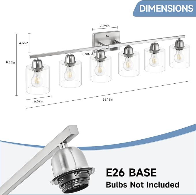 Modern Brushed Nickel 6 Light 38 inch Vanity Lights for Bathroom with Clear Glass, Vanity Light for Mirror Kitchen Living Room Hallway Cabinet Porch - Bloomnest