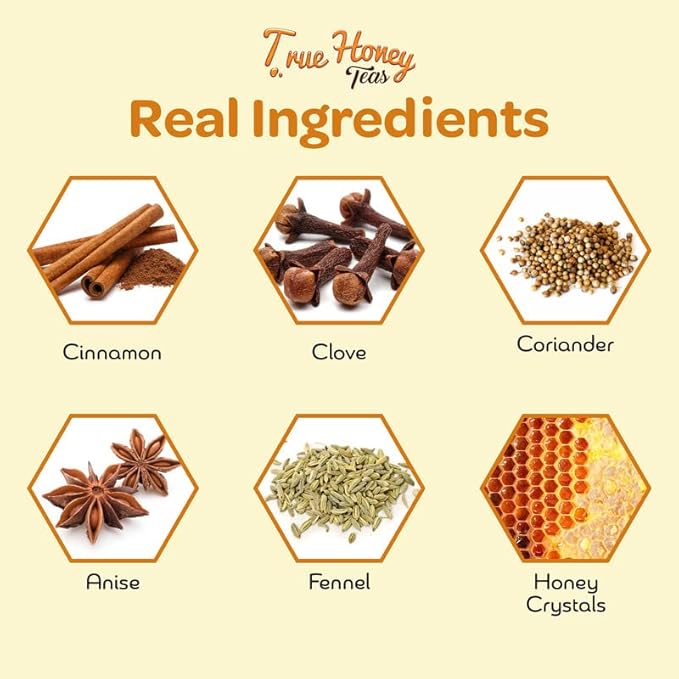 True Honey Chai Tea Bags - Providing Herbal Wellness - All Natural Organic Cinnamon, Clove, Coriander, Anise and Fennel Black - Blended with Honey Crystals Blended - 24 Count - Bloomnest