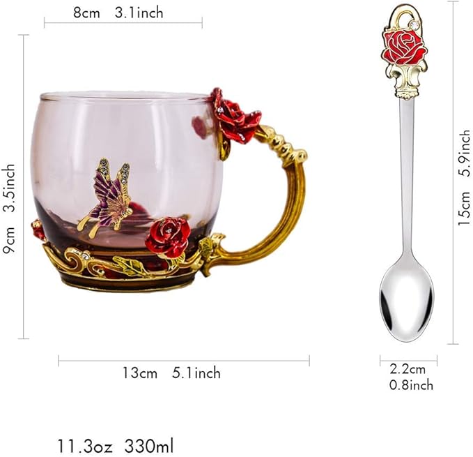 Luka Tech Enamel Butterfly flower Lead-free Glass Coffee Mugs Tea Cup with Steel Spoon, personalised Gifts For Women Wife Mom Girl Teacher Friends Birthday Mothers Valentines Day Wedding (Rose) - Bloomnest