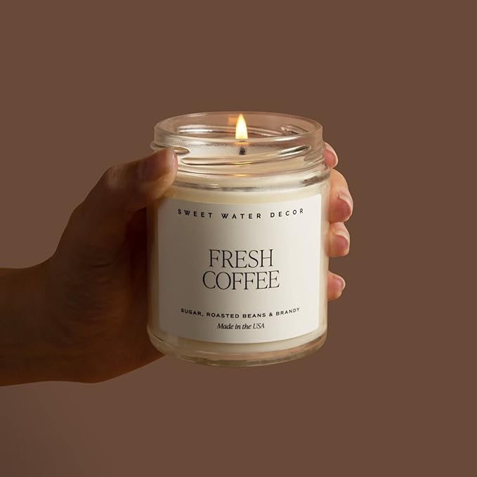Sweet Water Decor Fresh Coffee Soy Candle - Caramel Creme, Mocha Latte and Kona Coffee Scented Candle for Home - 9oz Clear Jar + Gold Lid, 40+ Hour Burn Time, Made in The USA - Bloomnest