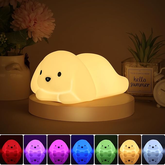 Tremdwoto Dog Night Light for Kids,Cute 7 Colorful Night Light Baby Girl Squishy Night Lights Lamp 1/3 Hour Timer Puppy Light Dimmable Nursery Nightlight，Kawaii Bedroom Decor,Gift for Boys and Girls - Bloomnest