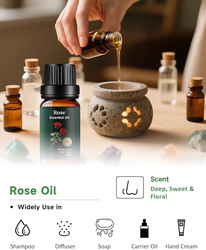 Rose Essential Oil, 100% Pure & Natural Aroma Oils for Aromatherapy Diffuser, Skin & Hair Care, Perfume, Soap & Candle Making, 0.33 Fl Oz / 10ml Mumianhua - Bloomnest