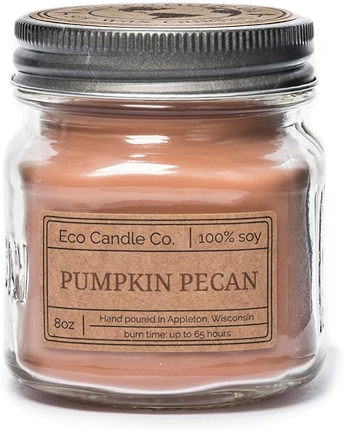 ECO CANDLE CO. Mason Jar Candle, Pumpkin Pecan, 8 oz. - Scents of Pumpkin, Pecans, & Maple Syrup - 100% Soy Wax, No Lead, Kraft Label & Antiqued Pewter Lid, Hand Poured, Midwest Grown Soybeans - Bloomnest